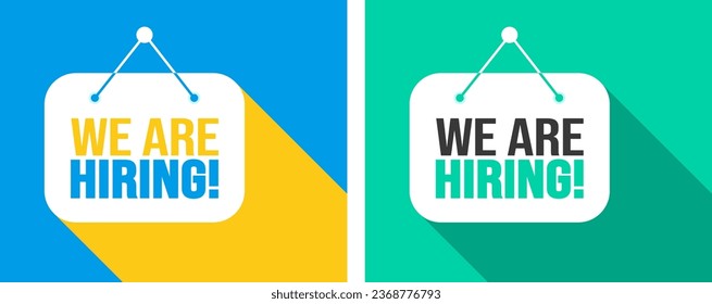 We are hiring job vacancy long shadow banner, poster and social media post template. business concept of search and recruitment. join our team announcement lettering in speech. Vector Illustration.