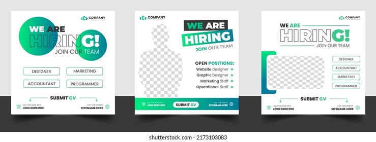 We are hiring job vacancy social media post banner design template with green color. We are hiring job vacancy square web banner design.