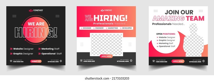 We are hiring job vacancy social media post banner design template with red color. We are hiring job vacancy square web banner design.