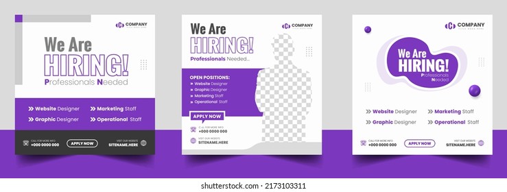 Estamos contratando empleos vacantes en redes sociales plantilla de diseño de pancartas con color morado. Estamos contratando el diseño de banner web cuadrado de ofertas de empleo.