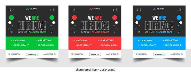 We are hiring job vacancy social media post banner design template with green, red and blue color. We are hiring job vacancy square web banner design.