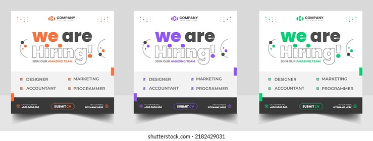We are hiring job vacancy social media post banner design template with green, orange and purple color. We are hiring job vacancy square web banner design.