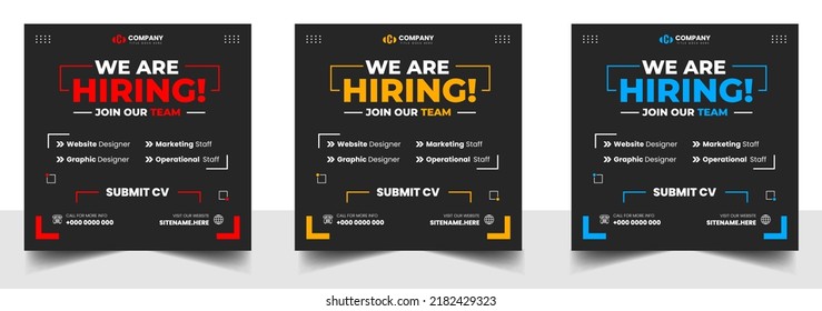 We are hiring job vacancy social media post banner design template with red, yellow and blue color. We are hiring job vacancy square web banner design.