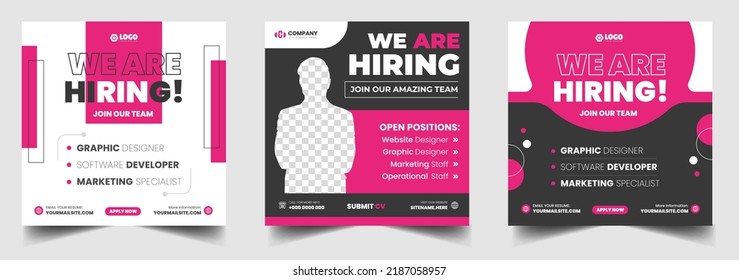 We are hiring job vacancy social media post banner design template with red color. We are hiring job vacancy square web banner design.