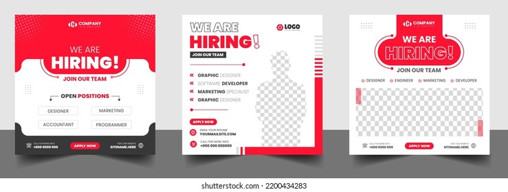 We are hiring job vacancy social media post banner design template with red color. We are hiring job vacancy square web banner design.