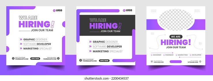 Estamos contratando empleos vacantes en redes sociales plantilla de diseño de pancartas con color morado. Estamos contratando el diseño de banner web cuadrado de ofertas de empleo.