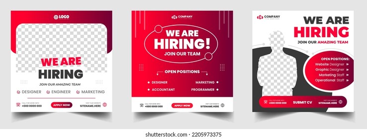 We are hiring job vacancy social media post banner design template with red color. We are hiring job vacancy square web banner design.