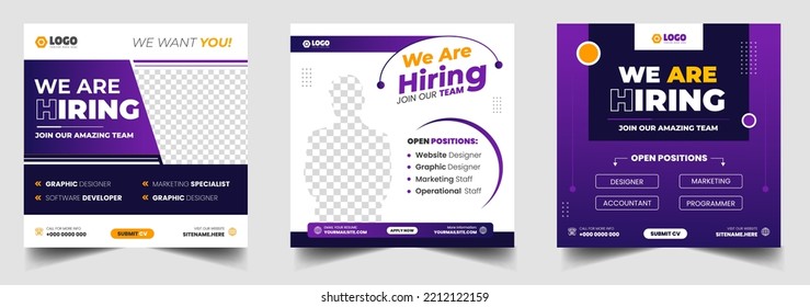 We are hiring job vacancy social media post banner design template with blue color. We are hiring job vacancy square web banner design.
