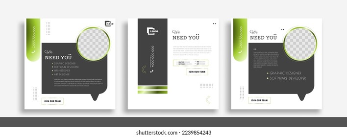 We are hiring job vacancy social media post banner design template. We are hiring job vacancy square web banner design.