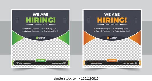 We are hiring job vacancy social media post or Social Media Square Banner design template, We're hiring. Job offer leaflet template.