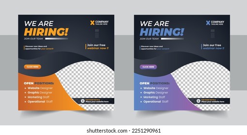 We are hiring job vacancy social media post or Social Media Square Banner design template, Poster for we are hiring. employees needed. Social media template job vacancy recruitment