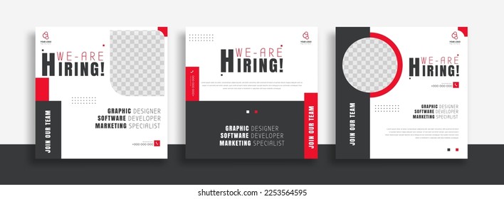 We are hiring job vacancy social media post banner design template with red and white color. We are hiring job vacancy square web banner design. svg