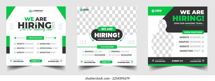 We are hiring job vacancy social media post banner design template with green color. We are hiring job vacancy square web banner design.