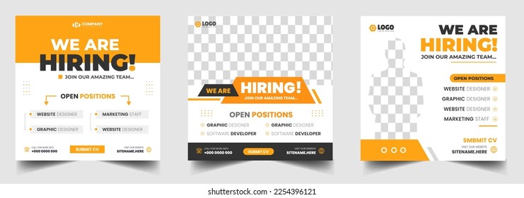 Estamos contratando empleos vacantes en redes sociales plantilla de diseño de pancartas con color amarillo. Estamos contratando el diseño de banner web cuadrado de ofertas de empleo.