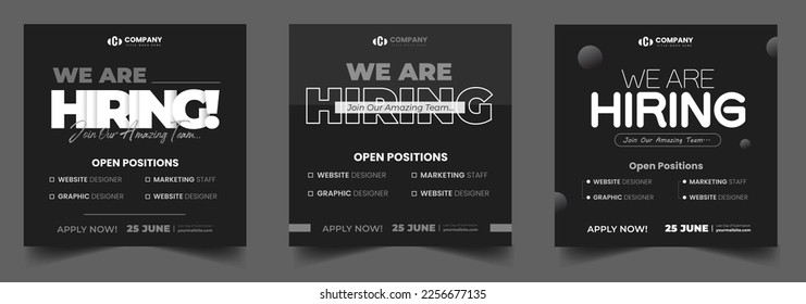 We are hiring job vacancy social media post banner design template with black and dark color. black, dark and white we are hiring banner.  We are hiring job vacancy square web banner design.