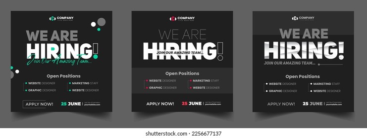 We are hiring job vacancy social media post banner design template with black and dark color. black, dark and white we are hiring banner.  We are hiring job vacancy square web banner design.