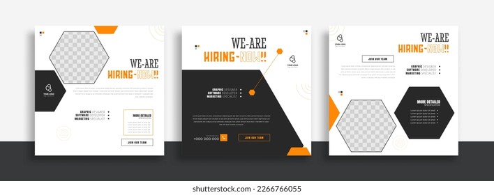 We are hiring job vacancy social media post banner design template with orange and white color. We are hiring job vacancy square web banner design.