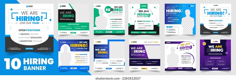 We are hiring job vacancy social media post banner design set template with. We are hiring job vacancy square web banner design bundle. Hiring banner set. Hiring Banner bundle.