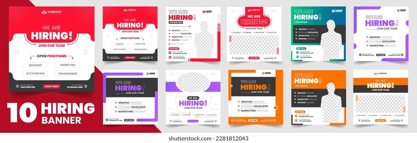 We are hiring job vacancy social media post banner design set template with. We are hiring job vacancy square web banner design bundle. Hiring banner set. Hiring Banner bundle.