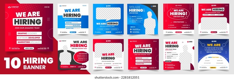 We are hiring job vacancy social media post banner design set template with. We are hiring job vacancy square web banner design bundle. Hiring banner set. Hiring Banner bundle.