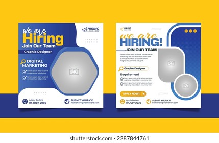 We are hiring job vacancy social media post marketing banner design template with blue orange color.