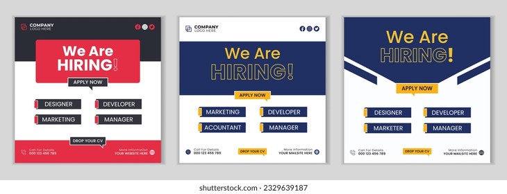 We are hiring job vacancy social media post banner template. We are hiring job vacancy
square web banner post design. Hiring Banner bundle.