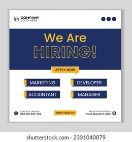 We are hiring job vacancy social media post banner template. We are hiring job vacancy
square web banner post design. Hiring Banner template.