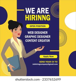 We are hiring job vacancy social media post banner design template with Blue Yellow colors. We are hiring job vacancy square web banner design.