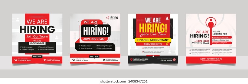 We are hiring job vacancy social media post banner design template with red color. vacant recruitment marketing web banner square flyer design.