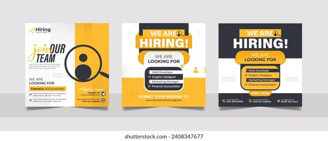 We are hiring job vacancy social media post banner design template with orange color. vacant recruitment marketing web banner square flyer design.