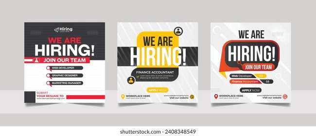 We are hiring job vacancy social media post banner design template with red color. vacant recruitment marketing web banner square flyer design.