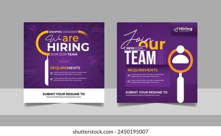 We are hiring job vacancy social media post template set, Vacant recruitment marketing banner square flyer, Join our team ads design, Job interview poster, Hire icon background.