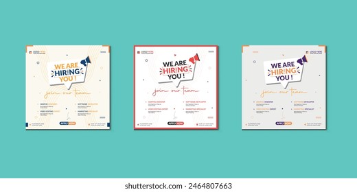 We are hiring job vacancy social media post banner design template with red color. We are hiring job vacancy square web banner design.