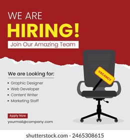 We are hiring job vacancy social media post and banner design template with red color. Hiring creative poster. Hiring Job flyer design. Employees requirement. Square web banner design.