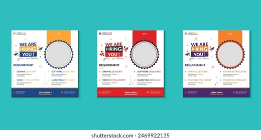 We are hiring job vacancy social media post banner design template with red color. We are hiring job vacancy square web banner design.