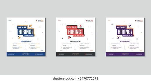 We are hiring job vacancy social media post banner design template with red color. We are hiring job vacancy square web banner design.