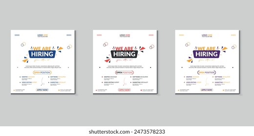 We are hiring job vacancy social media post banner design template with red color. We are hiring job vacancy square web banner design.