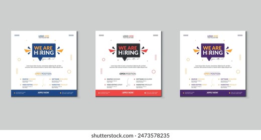 We are hiring job vacancy social media post banner design template with red color. We are hiring job vacancy square web banner design.