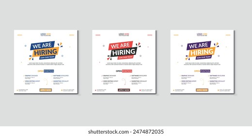 We are hiring job vacancy social media post banner design template with red color. We are hiring job vacancy square web banner design.
