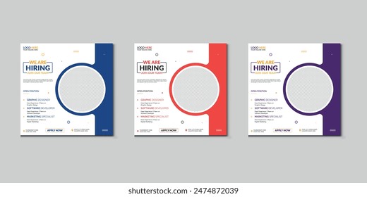 We are hiring job vacancy social media post banner design template with red color. We are hiring job vacancy square web banner design.