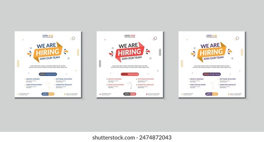 We are hiring job vacancy social media post banner design template with red color. We are hiring job vacancy square web banner design.