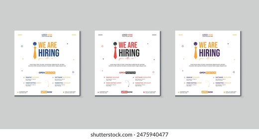 We are hiring job vacancy social media post banner design template with red color. We are hiring job vacancy square web banner design.