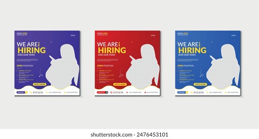 We are hiring job vacancy social media post banner design template with red color. We are hiring job vacancy square web banner design.