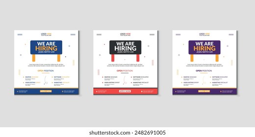 We are hiring job vacancy social media post banner design template with red color. We are hiring job vacancy square web banner design.