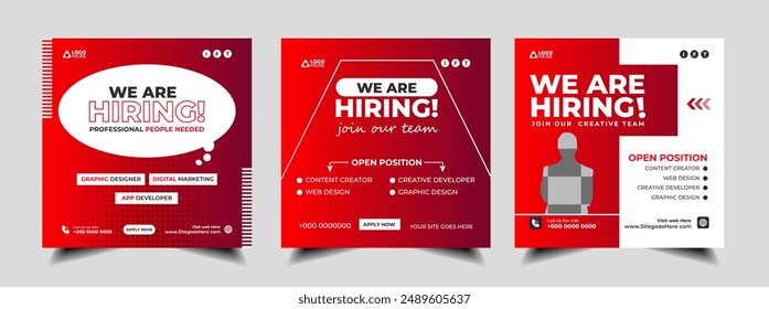 Estamos contratando una vacante de empleo en redes sociales post Anuncio diseño Plantilla con color rojo. Estamos contratando ofertas de empleo marketing Web Anuncio cuadrado flyer diseño.