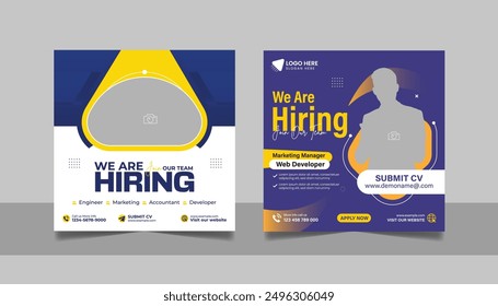 We are hiring job vacancy social media post banner design template set. vacant recruitment marketing web banner square flyer design.