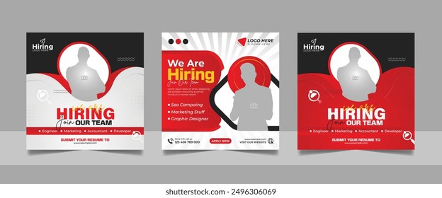 We are hiring job vacancy social media post banner design template set. vacant recruitment marketing web banner square flyer design.