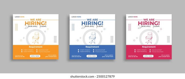 We are hiring job vacancy social media post banner design template with red color. We are hiring social media banner and square web banner design, Job positions for job vacancy design.