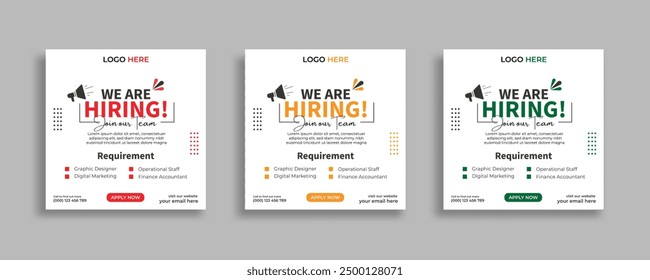 We are hiring job vacancy social media post banner design template with red color. We are hiring social media banner and square web banner design, Job positions for job vacancy design.