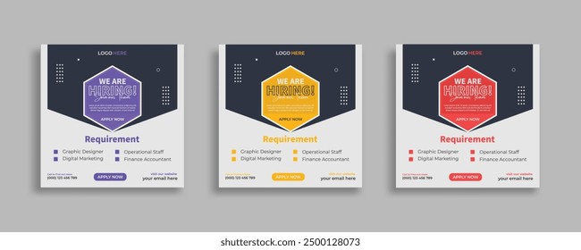 We are hiring job vacancy social media post banner design template with red color. We are hiring social media banner and square web banner design, Job positions for job vacancy design.